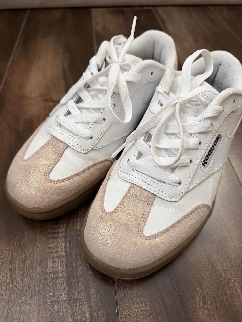 Reebok White and Light sparkly Tan Accent Sneakers